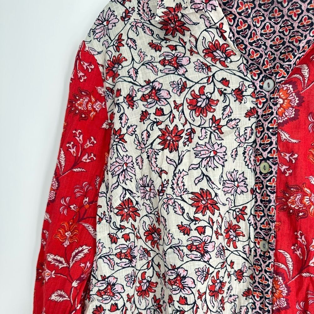 J.Jill Patchwork Floral Button Front Shirt Women’s Medium Red Cream Cotton Boho - Picture 3 of 8